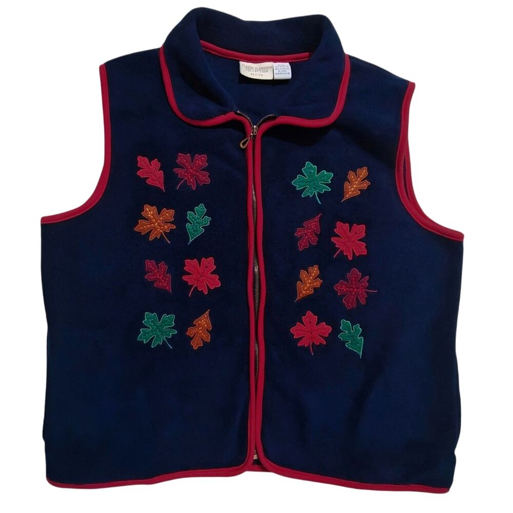Vintage 90s Fleece Vest Fall Leaves XL Petite Fleece Jacket Navy Blue Applique